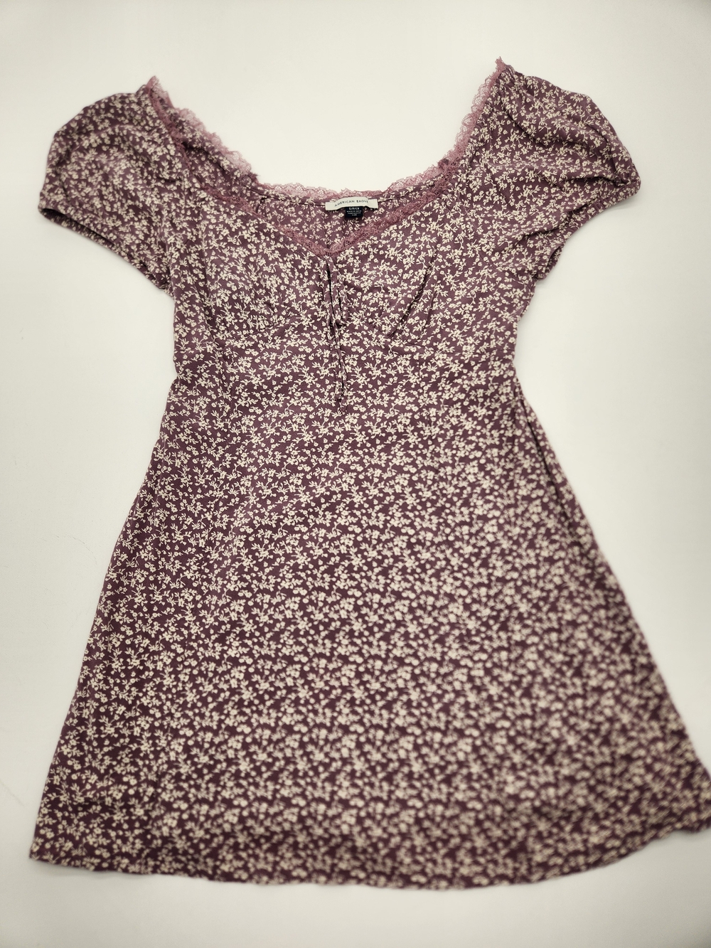 American Eagle Floral Babydoll Mini Dress Purple Puff Sleeve Lace Trim Small
